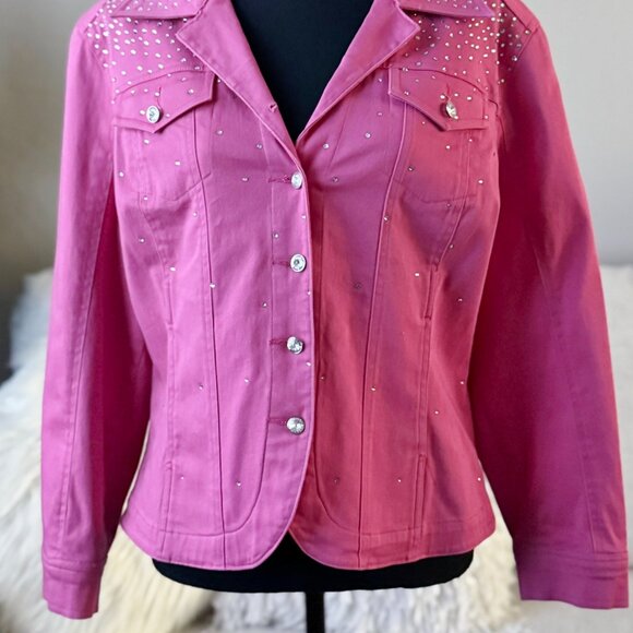 Christine Alexander Womens Pink Crystal Rhinestones Denim Stretch Jacket L - Picture 2 of 6